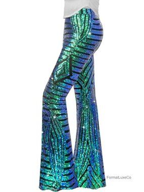 Sequin Flare Pants High Waisted Bell Bottom Trousers Disco Party Clubwear